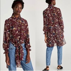 Zara Basic Maroon Floral Semi Sheer Long Cardigan Length Blouse. Size XS